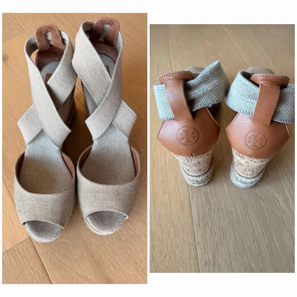 Tory Burch Women's Size 7.5 ‘Natanya’ Linen Blend Cork Espadrille Wedges - Picture 1 of 9